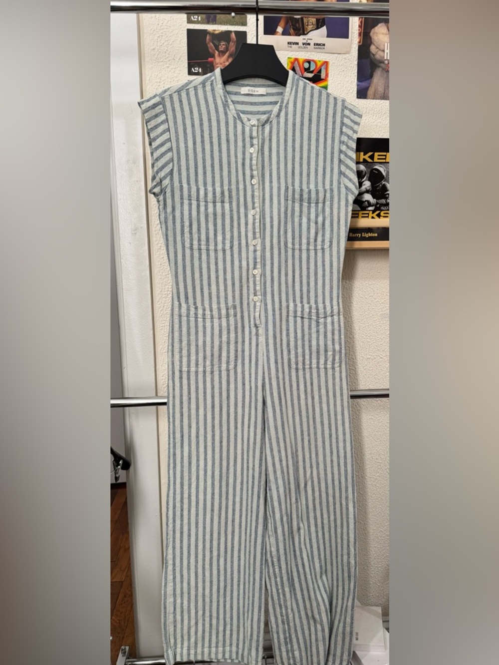 DÔEN Biarritz Seaside Stripe Silk Jumpsuit Blue White Button Front Pockets - Picture 2 of 4